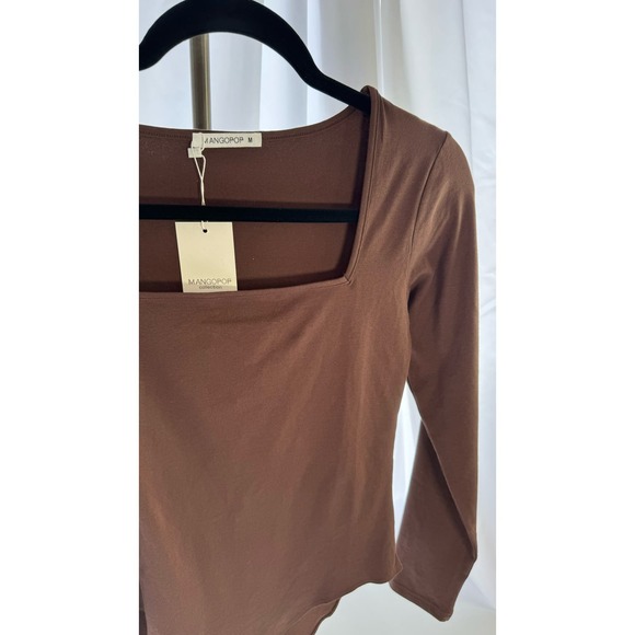 MANGOPOP Women's Square Neck Long Sleeve Tops Bodysuit brown Medium - Picture 2 of 6